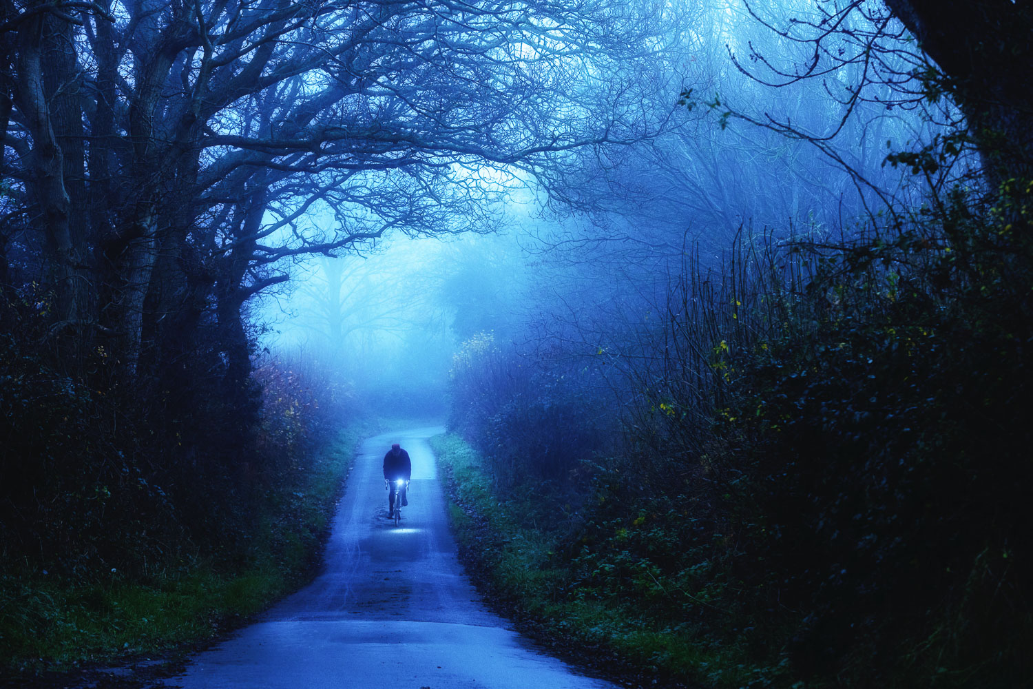 Cyclist with headlamp on a spooky foggy English lane in winter